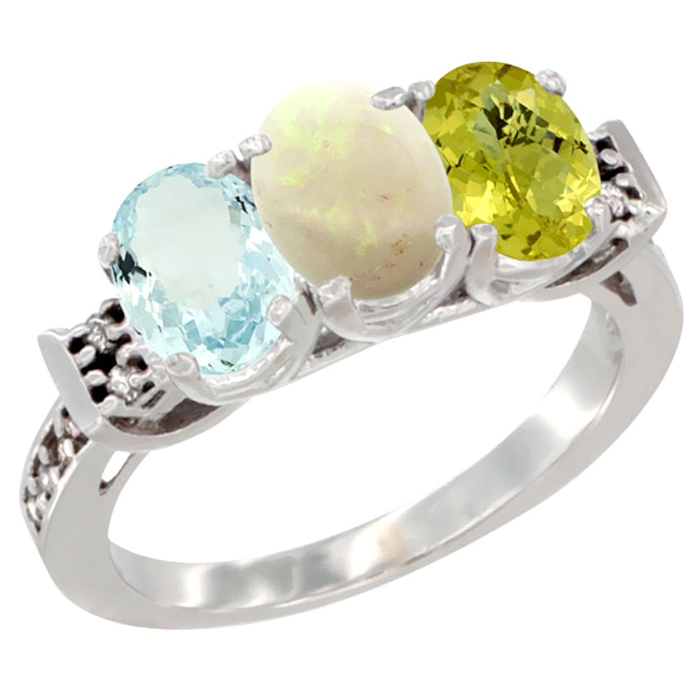 14K White Gold Natural Aquamarine, Opal & Lemon Quartz Ring 3-Stone Oval 7x5 mm Diamond Accent, sizes 5 - 10