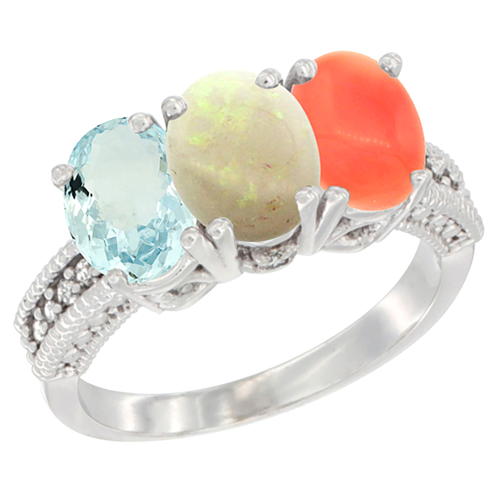 10K White Gold Natural Aquamarine, Opal &amp; Coral Ring 3-Stone Oval 7x5 mm Diamond Accent, sizes 5 - 10