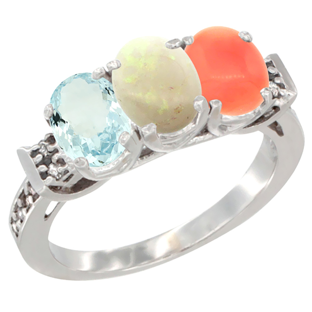 14K White Gold Natural Aquamarine, Opal &amp; Coral Ring 3-Stone Oval 7x5 mm Diamond Accent, sizes 5 - 10