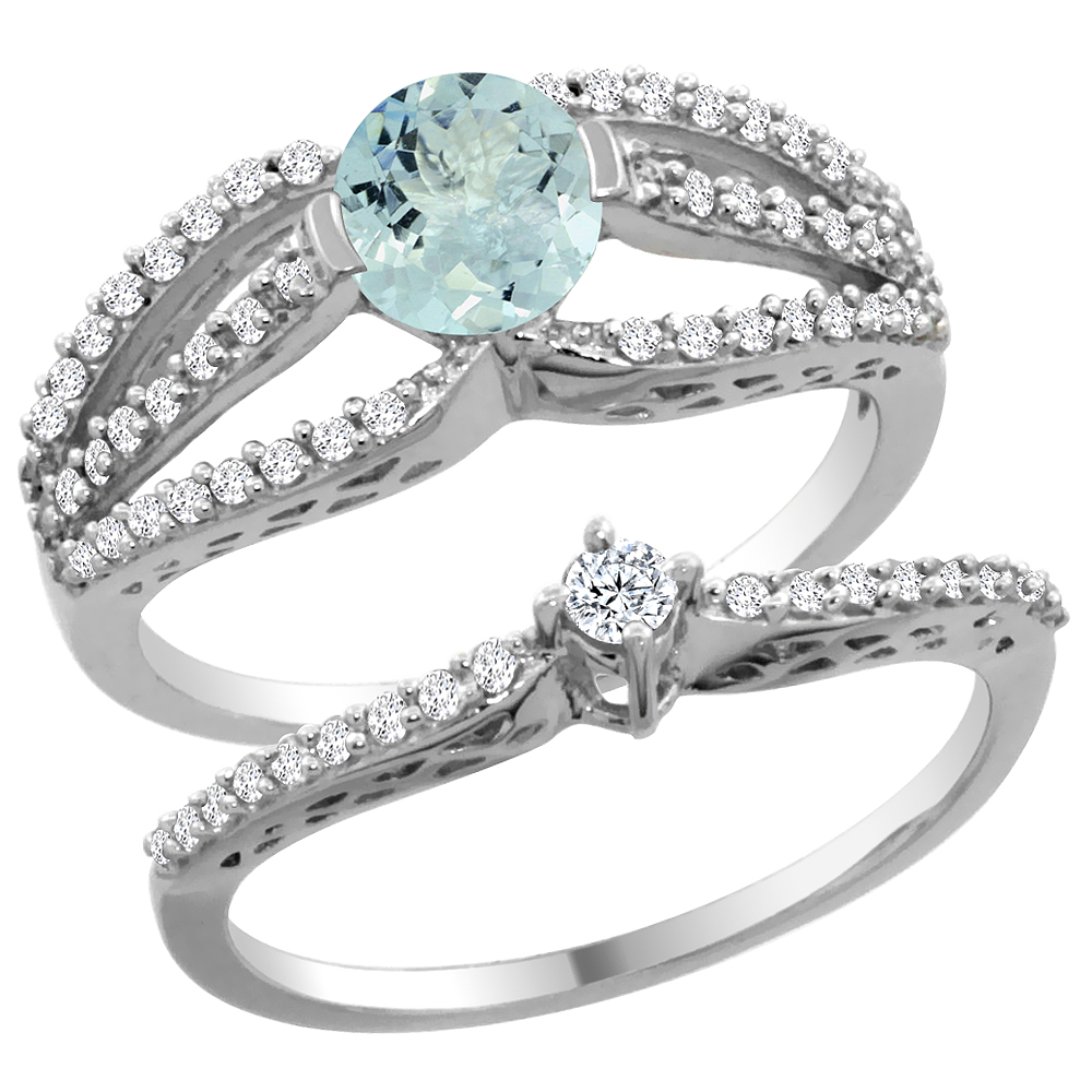 14K White Gold Natural Aquamarine 2-piece Engagement Ring Set Round 5mm, sizes 5 - 10