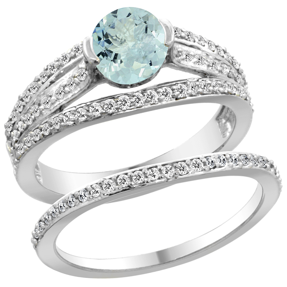 14K White Gold Natural Aquamarine 2-piece Engagement Ring Set Round 6mm, sizes 5 - 10