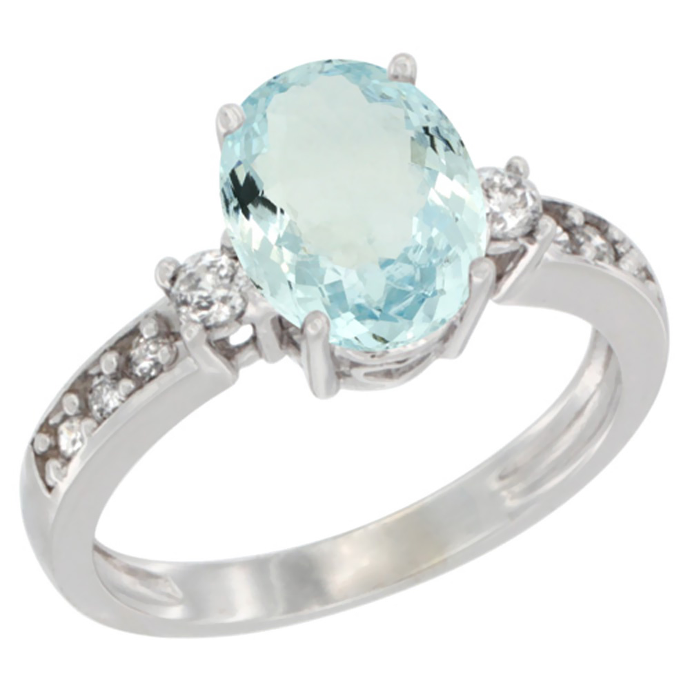 10K Yellow Gold Natural Aquamarine Ring Oval 9x7 mm Diamond Accent, sizes 5 - 10