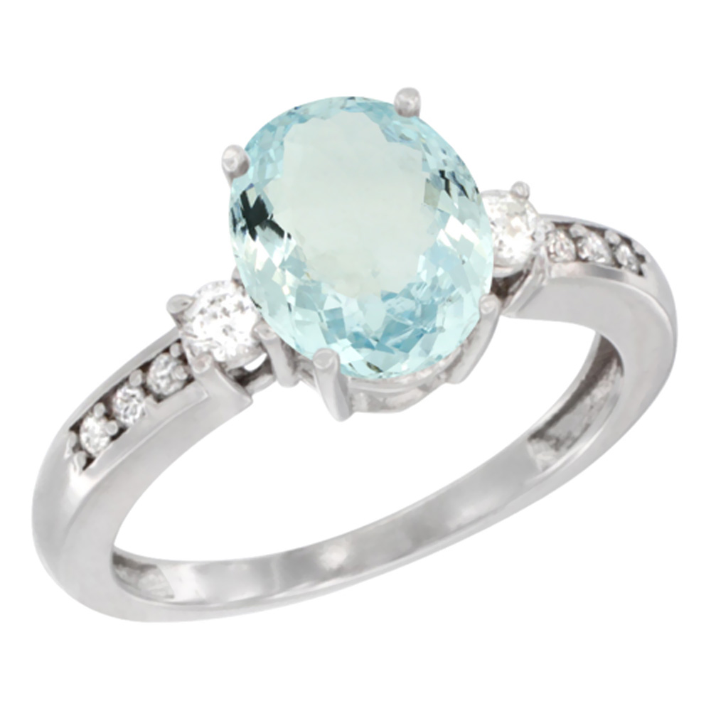 14K Yellow Gold Natural Aquamarine Ring Oval 9x7 mm Diamond Accent, sizes 5 - 10