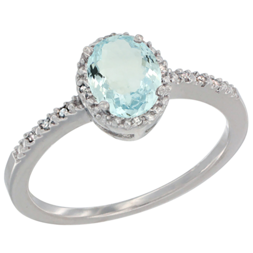 14K White Gold Diamond Natural Aquamarine Engagement Ring Oval 7x5 mm, sizes 5 - 10