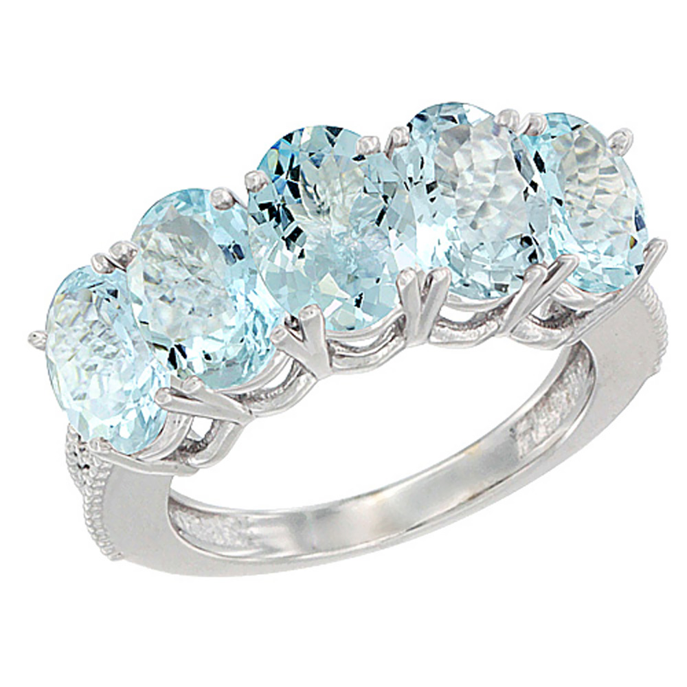 10K Yellow Gold Natural Aquamarine 0.71 ct. Oval 7x5mm 5-Stone Mother&#039;s Ring with Diamond Accents, sizes 5 to 10 with half sizes