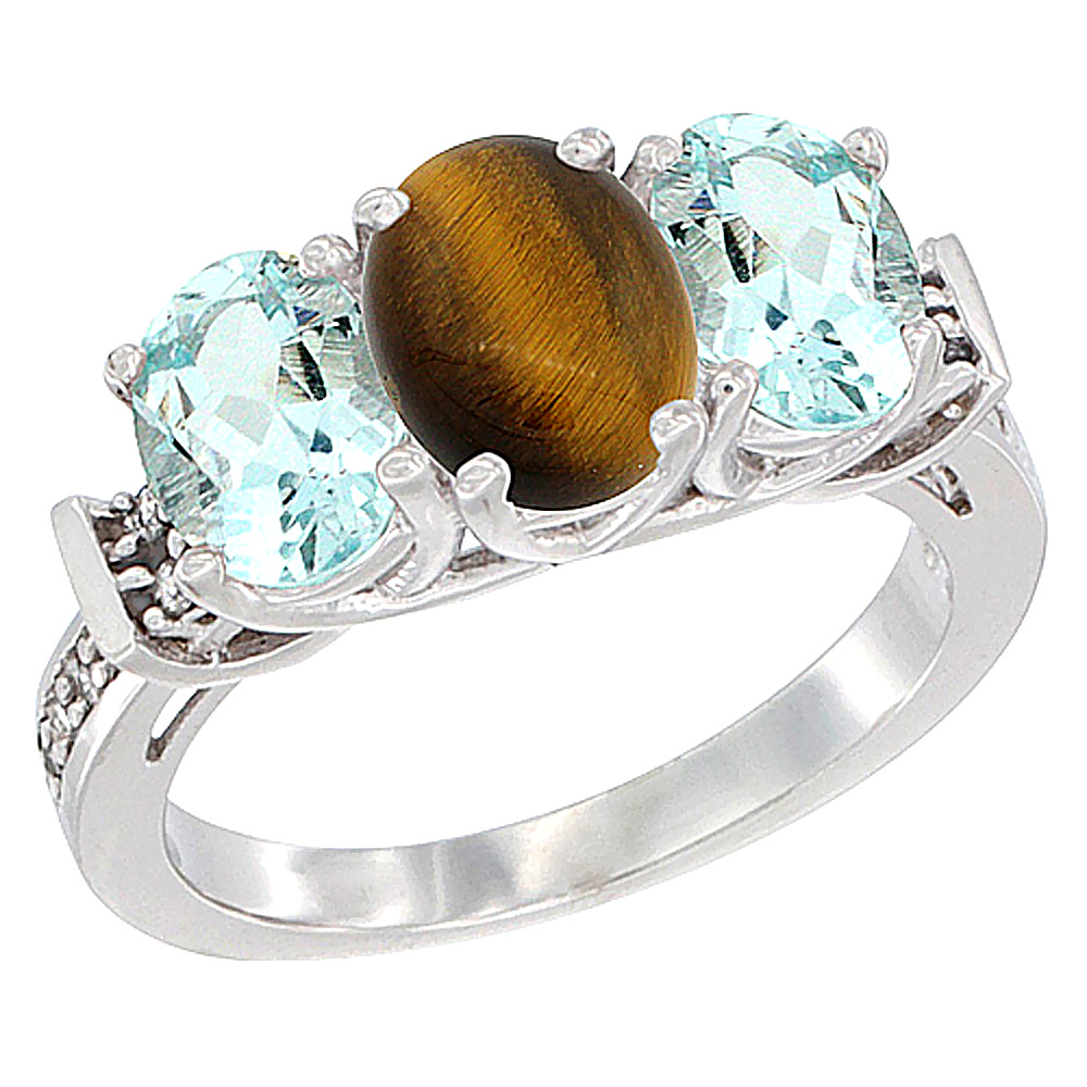 10K White Gold Natural Tiger Eye & Aquamarine Sides Ring 3-Stone Oval Diamond Accent, sizes 5 - 10
