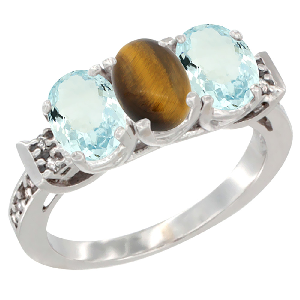10K White Gold Natural Tiger Eye & Aquamarine Sides Ring 3-Stone Oval 7x5 mm Diamond Accent, sizes 5 - 10