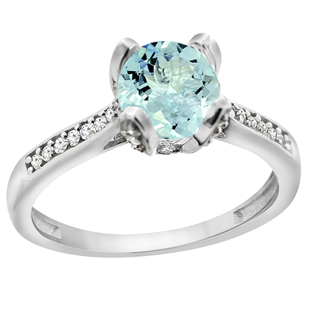 14K White Gold Diamond Natural Aquamarine Engagement Ring Round 7mm, sizes 5 to 10 with half sizes