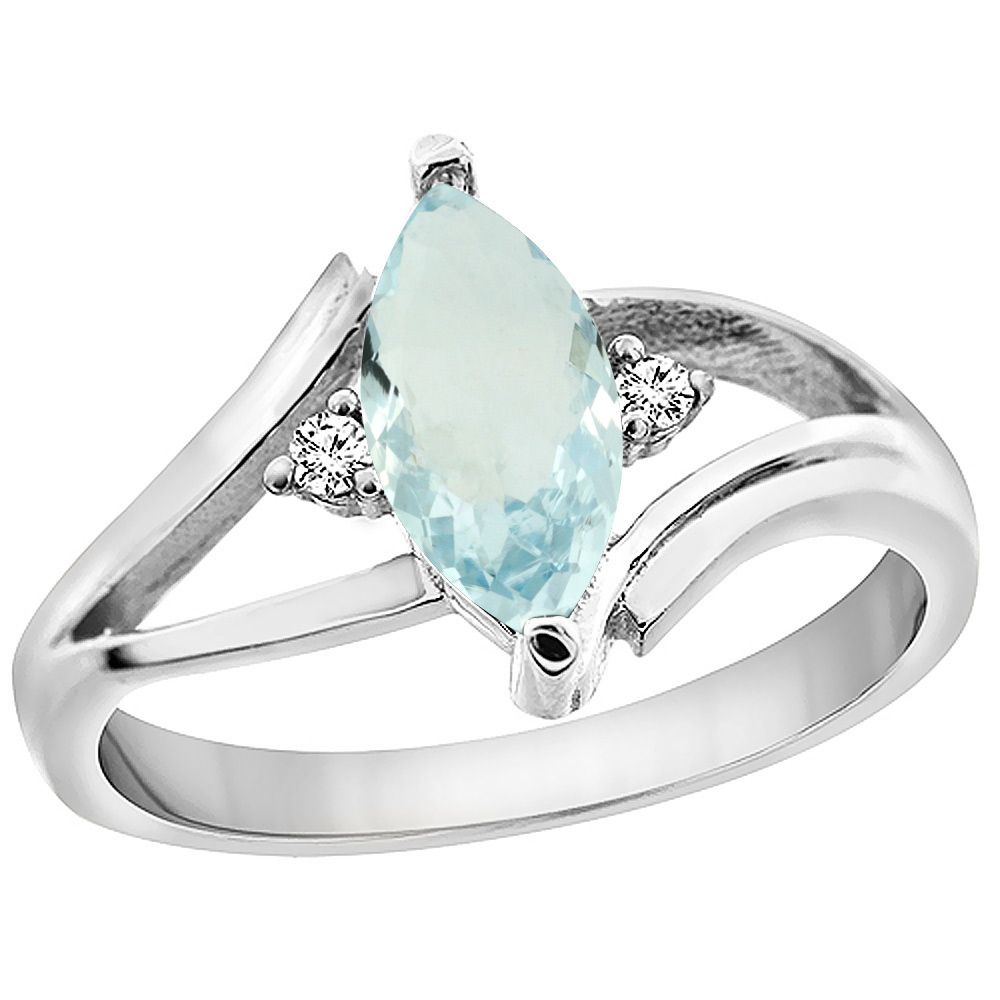 10K White Gold Natural Aquamarine Ring Marquise 10x5 mm Diamond Accent, sizes 5 - 10 with half sizes