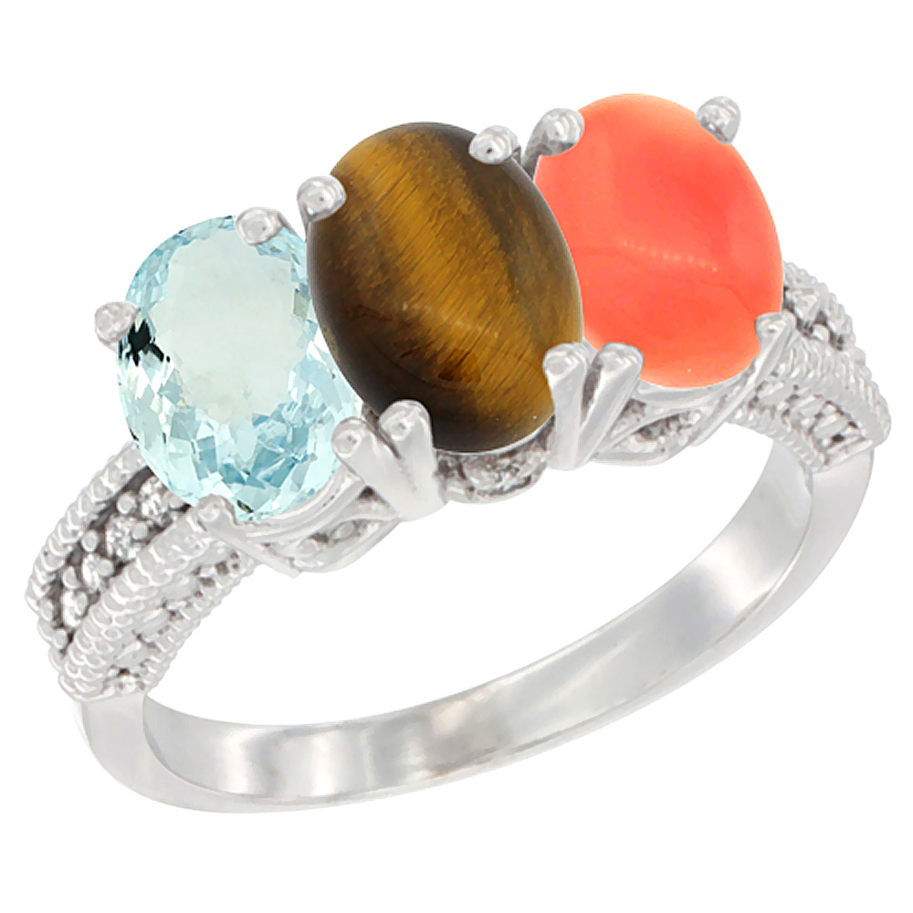14K White Gold Natural Aquamarine, Tiger Eye &amp; Coral Ring 3-Stone Oval 7x5 mm Diamond Accent, sizes 5 - 10