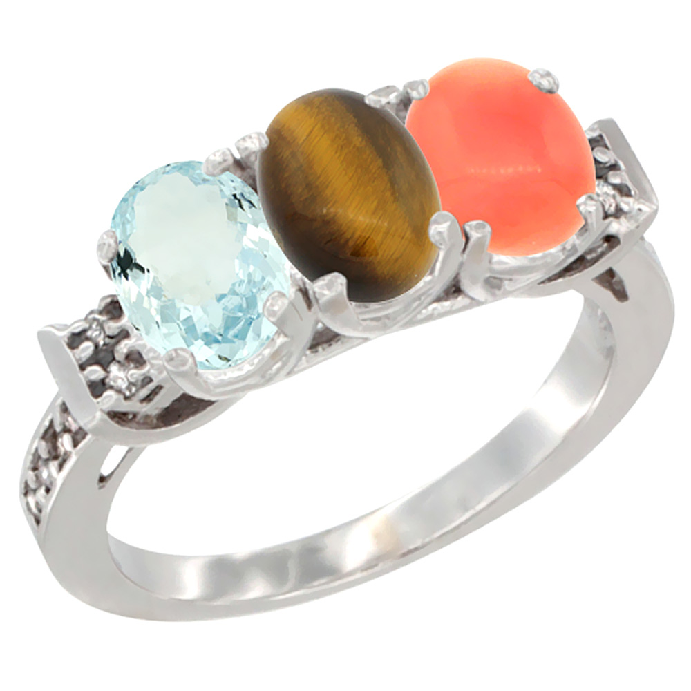 14K White Gold Natural Aquamarine, Tiger Eye & Coral Ring 3-Stone Oval 7x5 mm Diamond Accent, sizes 5 - 10
