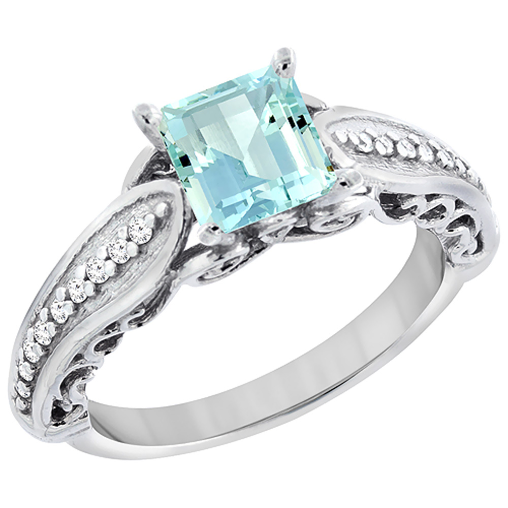 14K White Gold Natural Aquamarine Ring Square 8x8mm with Diamond Accents, sizes 5 - 10