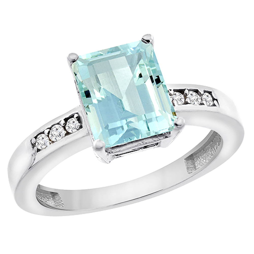 14K White Gold Natural Aquamarine Octagon 9x7 mm with Diamond Accents, sizes 5 - 10