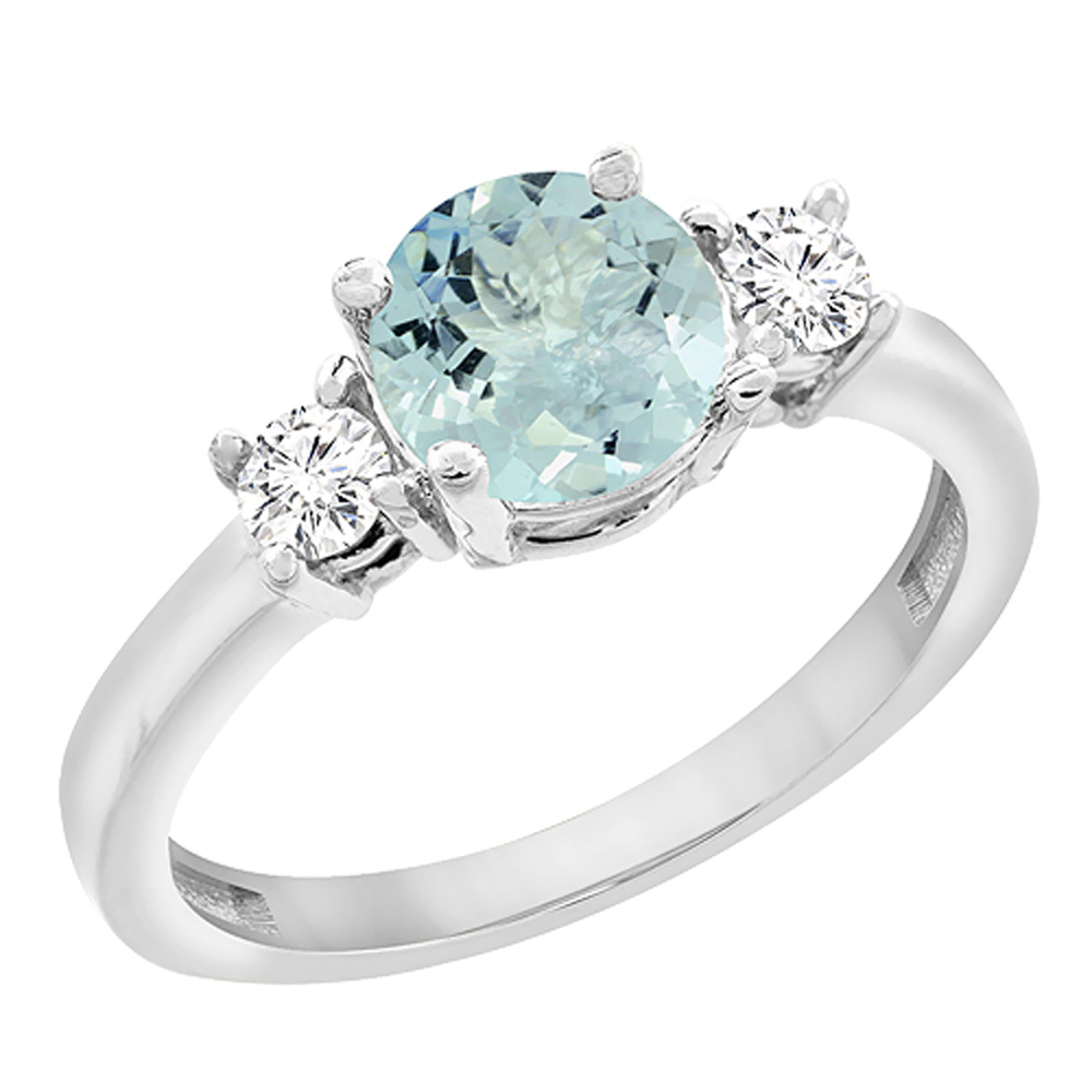 10K White Gold Diamond Natural Aquamarine Engagement Ring Round 7mm, sizes 5 to 10 with half sizes