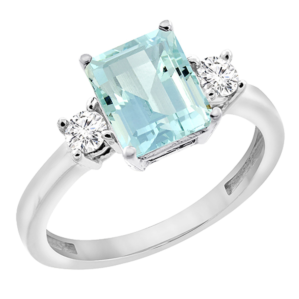 14K White Gold Natural Aquamarine Ring Octagon 8x6 mm with Diamond Accents, sizes 5 - 10