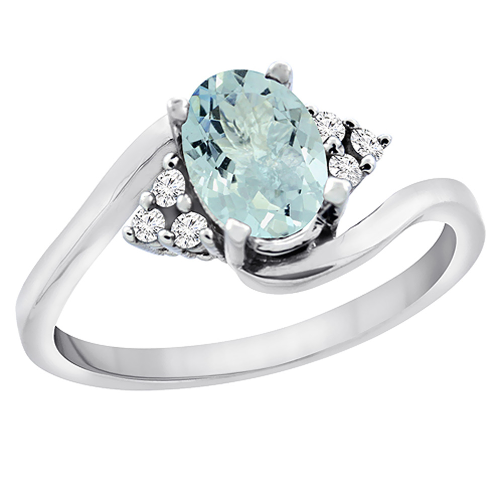 10K White Gold Diamond Natural Aquamarine Engagement Ring Oval 7x5mm, sizes 5 - 10