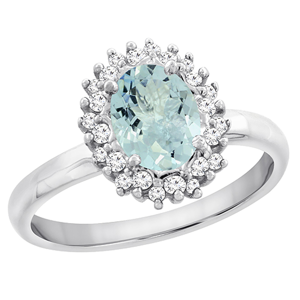 10K White Gold Diamond Natural Aquamarine Engagement Ring Oval 7x5mm, sizes 5 - 10