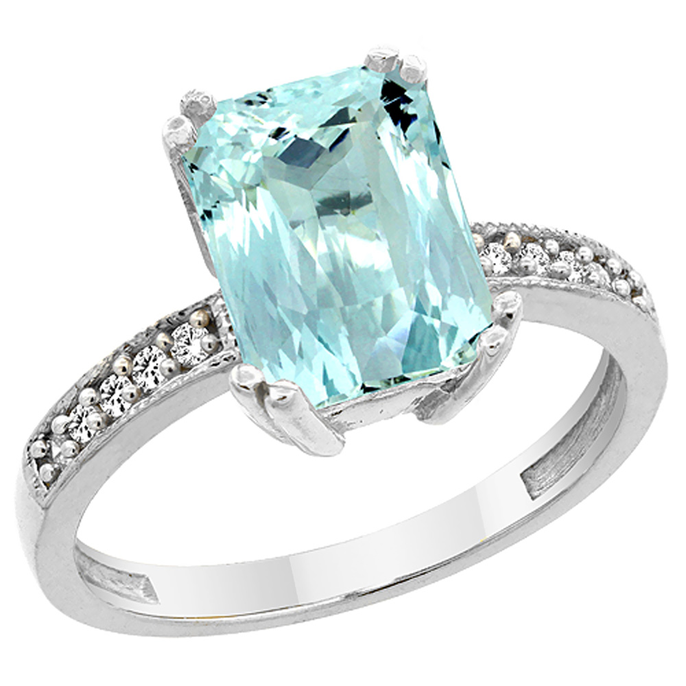 10K White Gold Natural Aquamarine Ring Octagon 10x8mm Diamond Accent, sizes 5 to 10