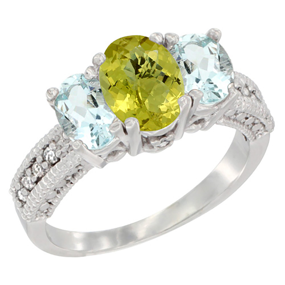 10K White Gold Diamond Natural Lemon Quartz Ring Oval 3-stone with Aquamarine, sizes 5 - 10