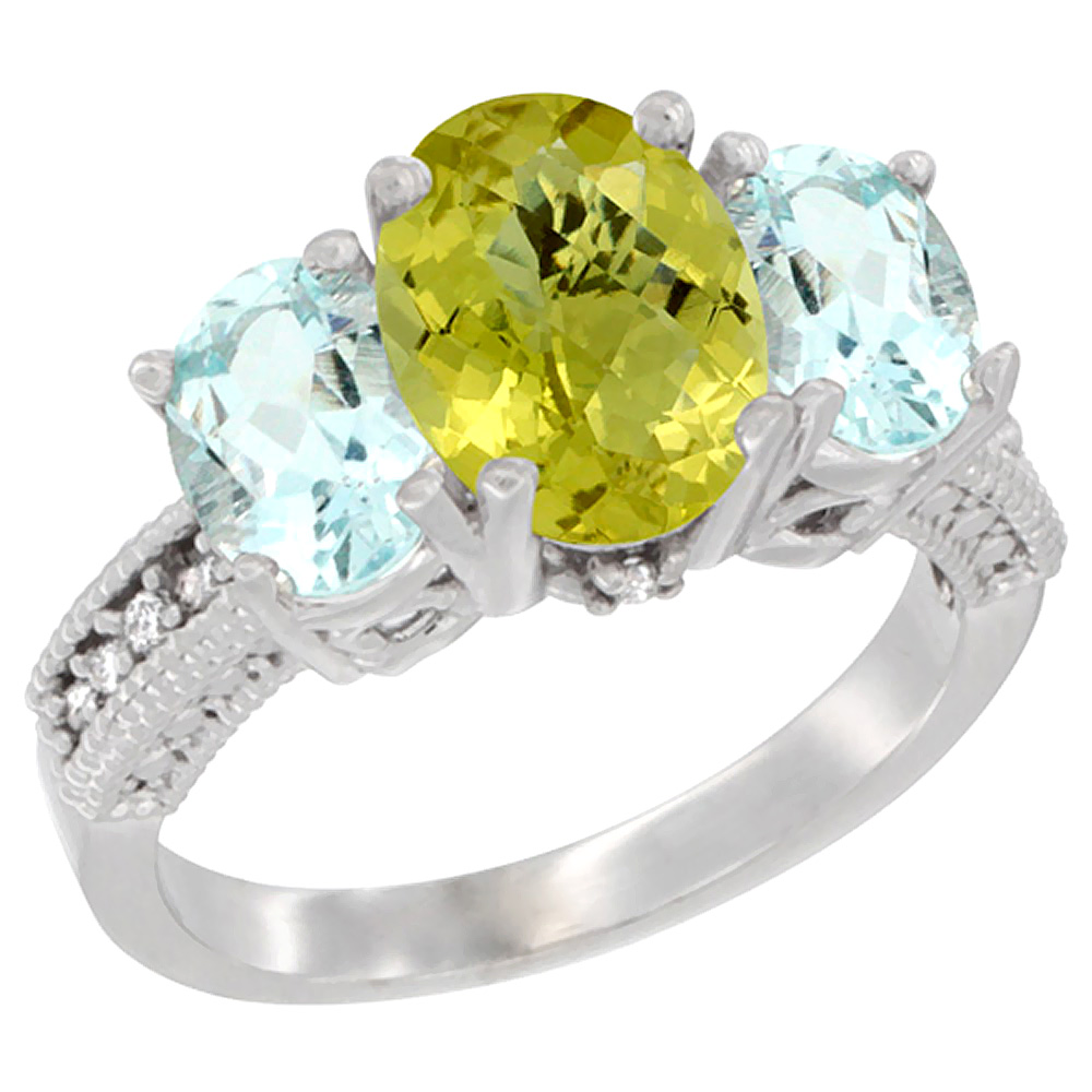 14K White Gold Diamond Natural Lemon Quartz Ring 3-Stone Oval 8x6mm with Aquamarine, sizes5-10
