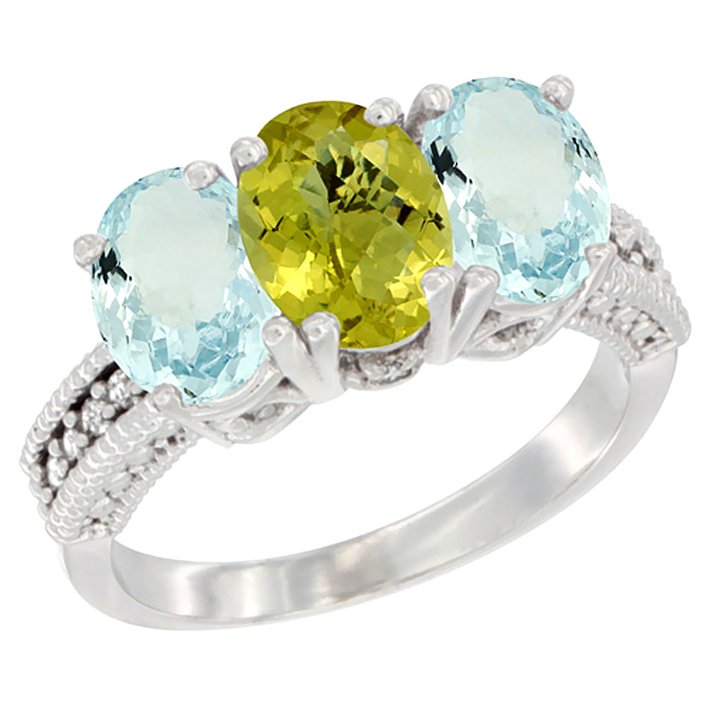10K White Gold Natural Lemon Quartz & Aquamarine Sides Ring 3-Stone Oval 7x5 mm Diamond Accent, sizes 5 - 10