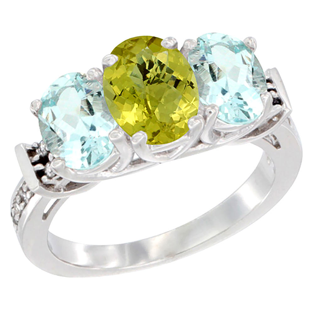 10K White Gold Natural Lemon Quartz &amp; Aquamarine Sides Ring 3-Stone Oval Diamond Accent, sizes 5 - 10