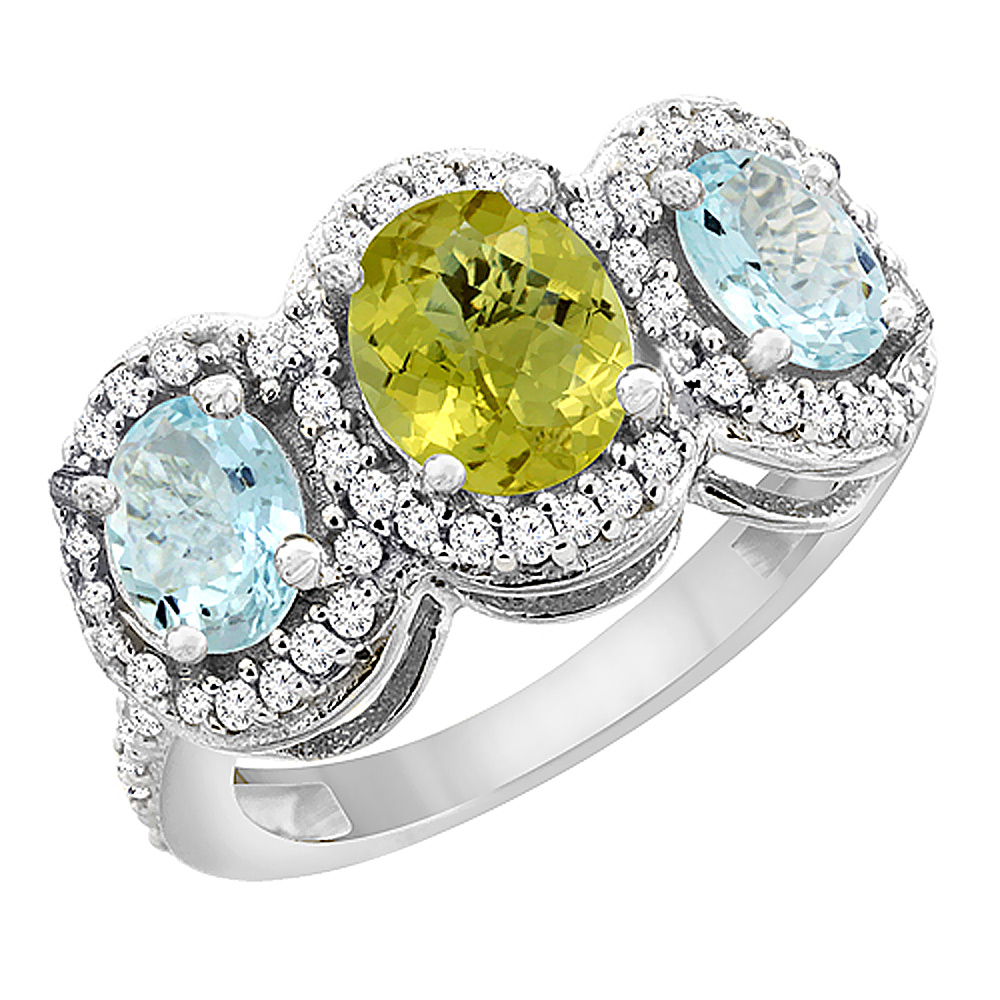 10K White Gold Natural Lemon Quartz & Aquamarine 3-Stone Ring Oval Diamond Accent, sizes 5 - 10