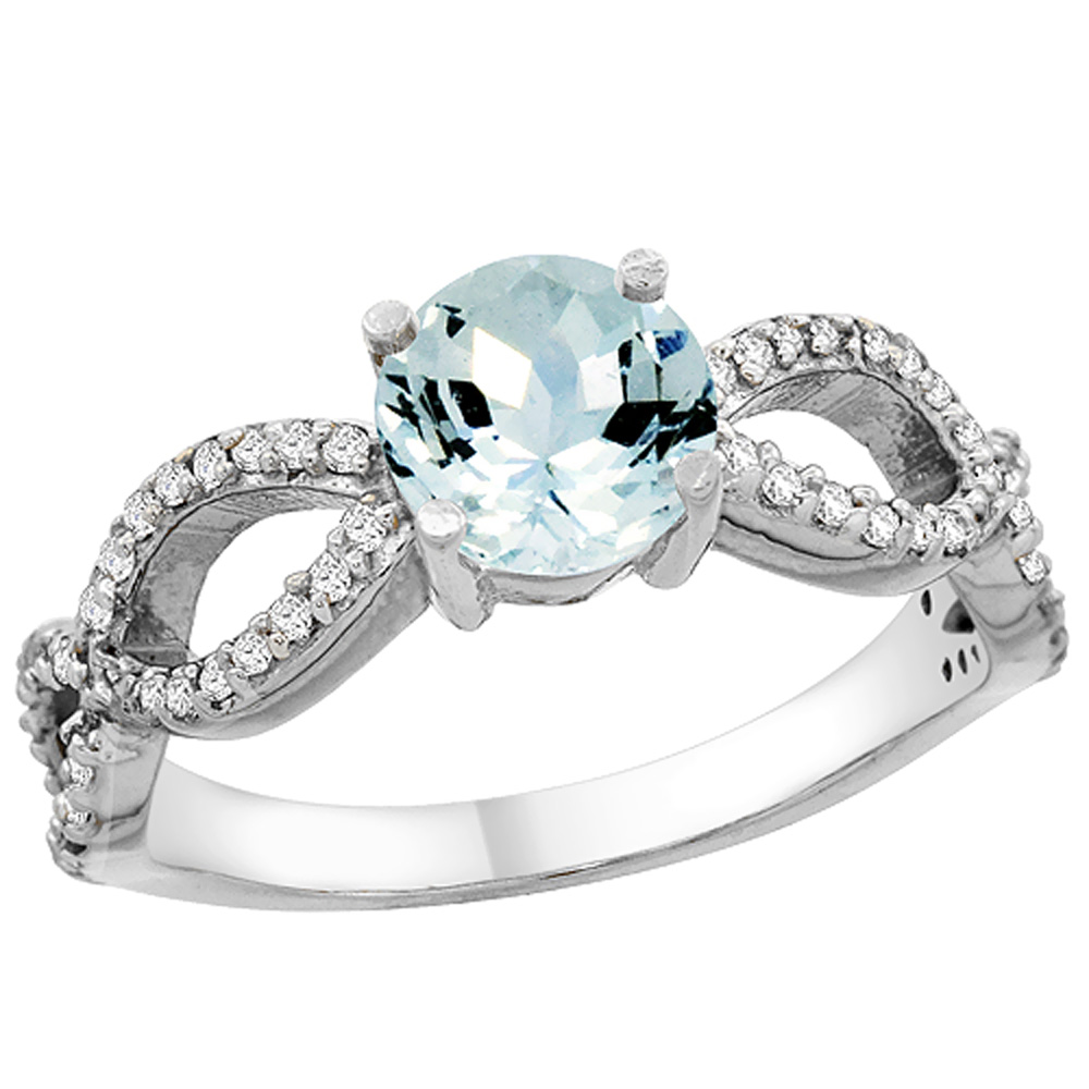 14K White Gold Natural Aquamarine Ring Round 6mm Infinity Diamond Accents, sizes 5 - 10