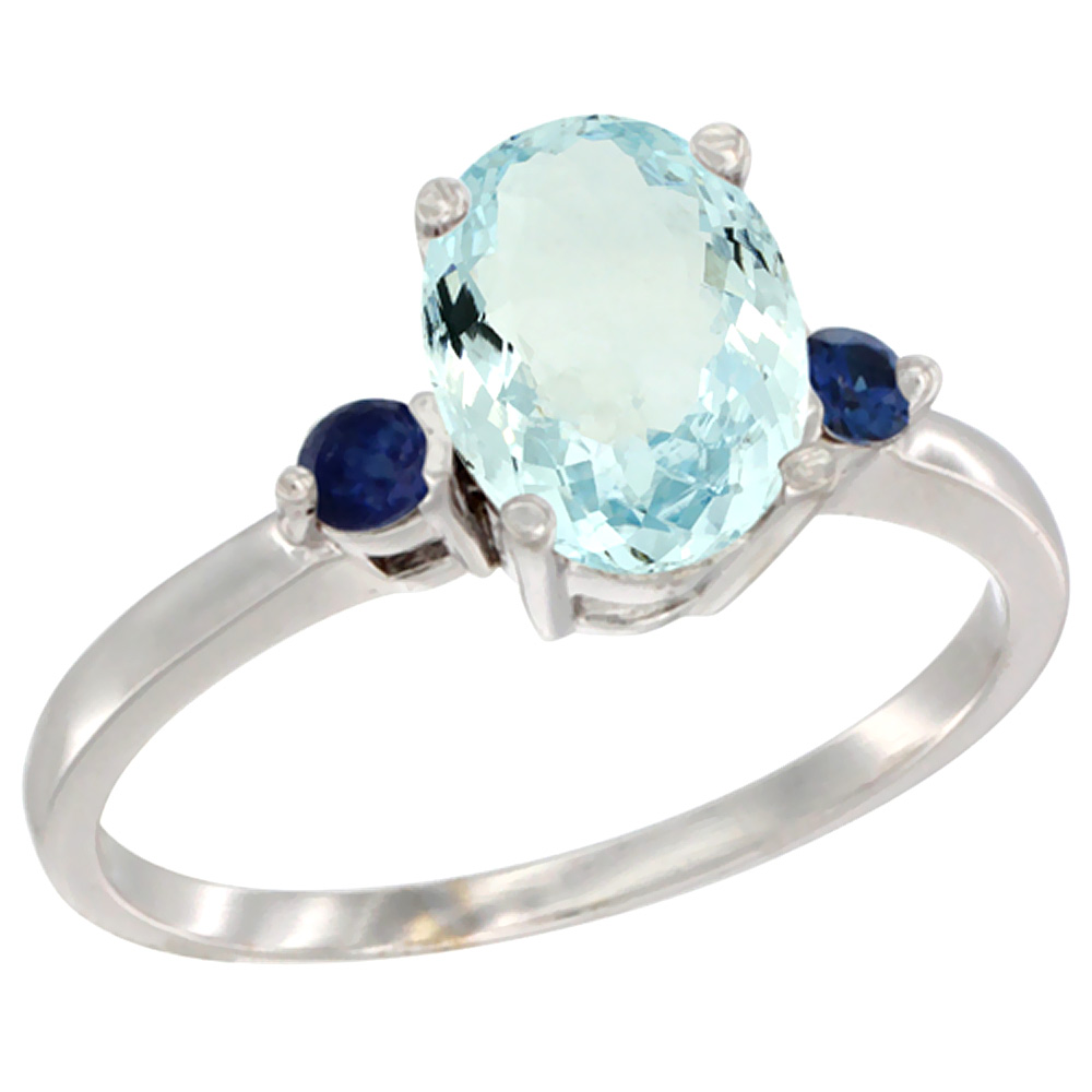 10K White Gold Natural Aquamarine Ring Oval 9x7 mm Blue Sapphire Accent, sizes 5 to 10