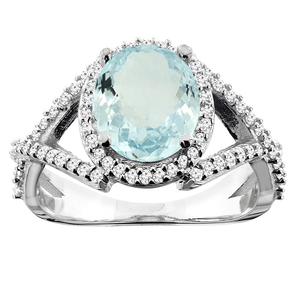14K White/Yellow/Rose Gold Natural Aquamarine Ring Oval 9x7mm Diamond Accent, sizes 5 - 10
