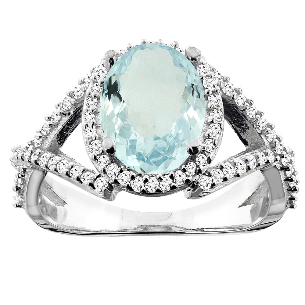 10K White/Yellow/Rose Gold Natural Aquamarine Ring Oval 10x8mm Diamond Accent, sizes 5 - 10