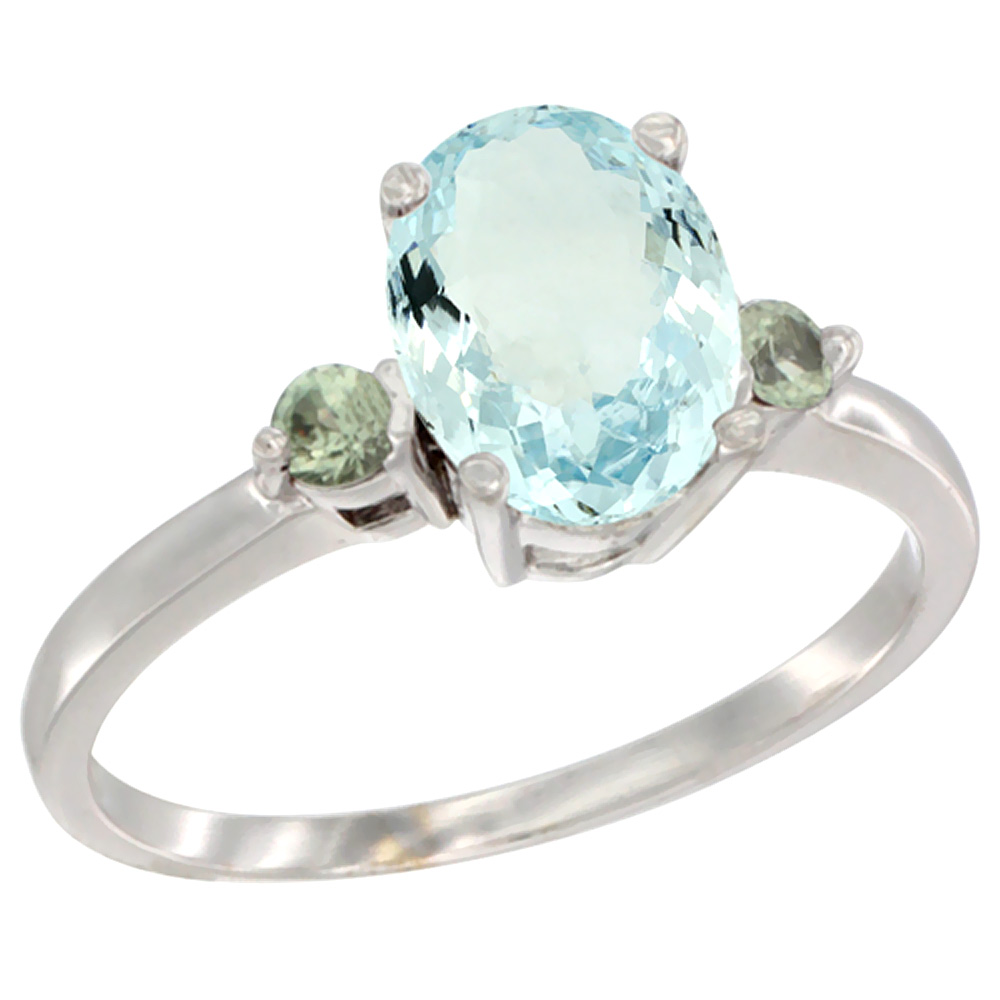14K White Gold Natural Aquamarine Ring Oval 9x7 mm Green Sapphire Accent, sizes 5 to 10