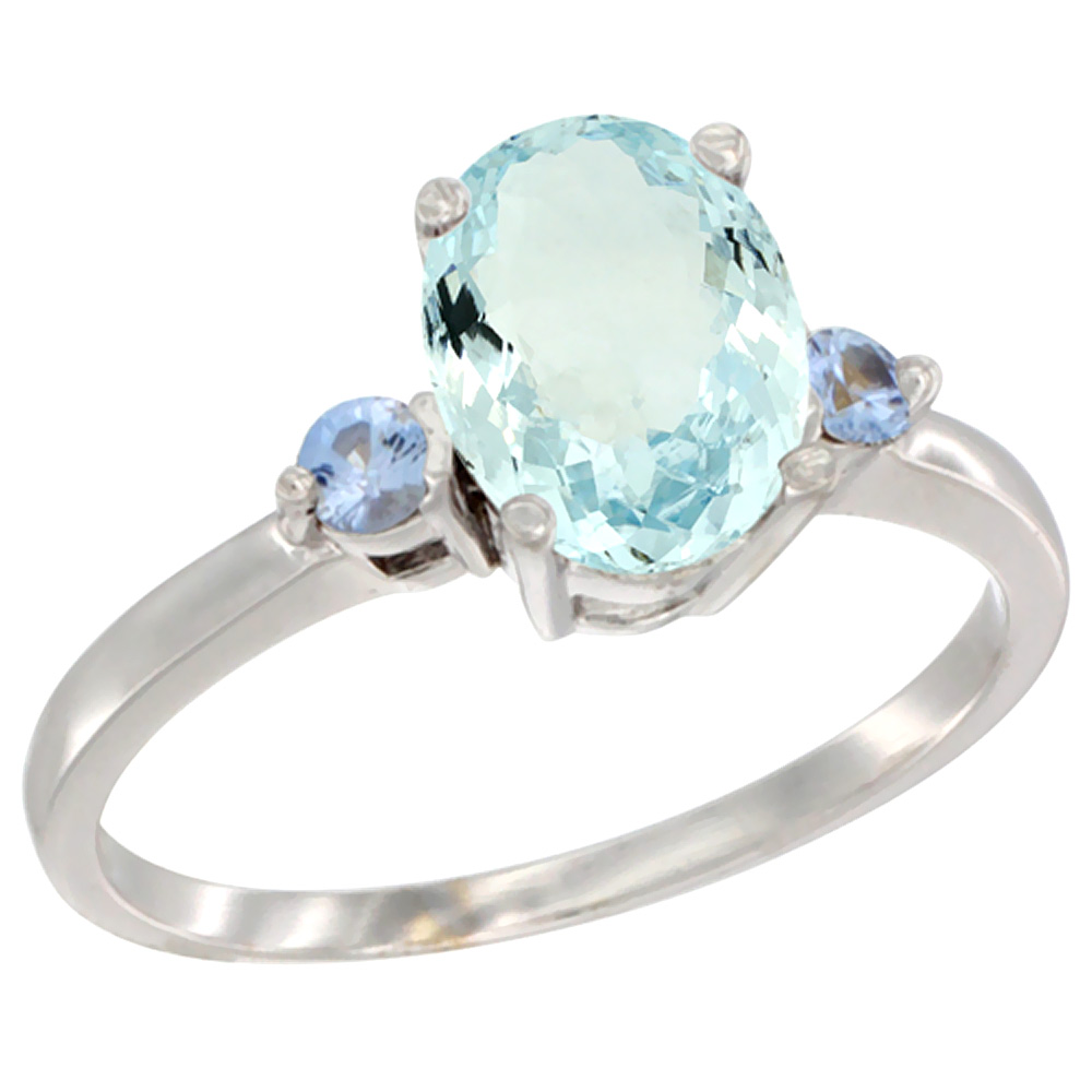 14K White Gold Natural Aquamarine Ring Oval 9x7 mm Light Blue Sapphire Accent, sizes 5 to 10