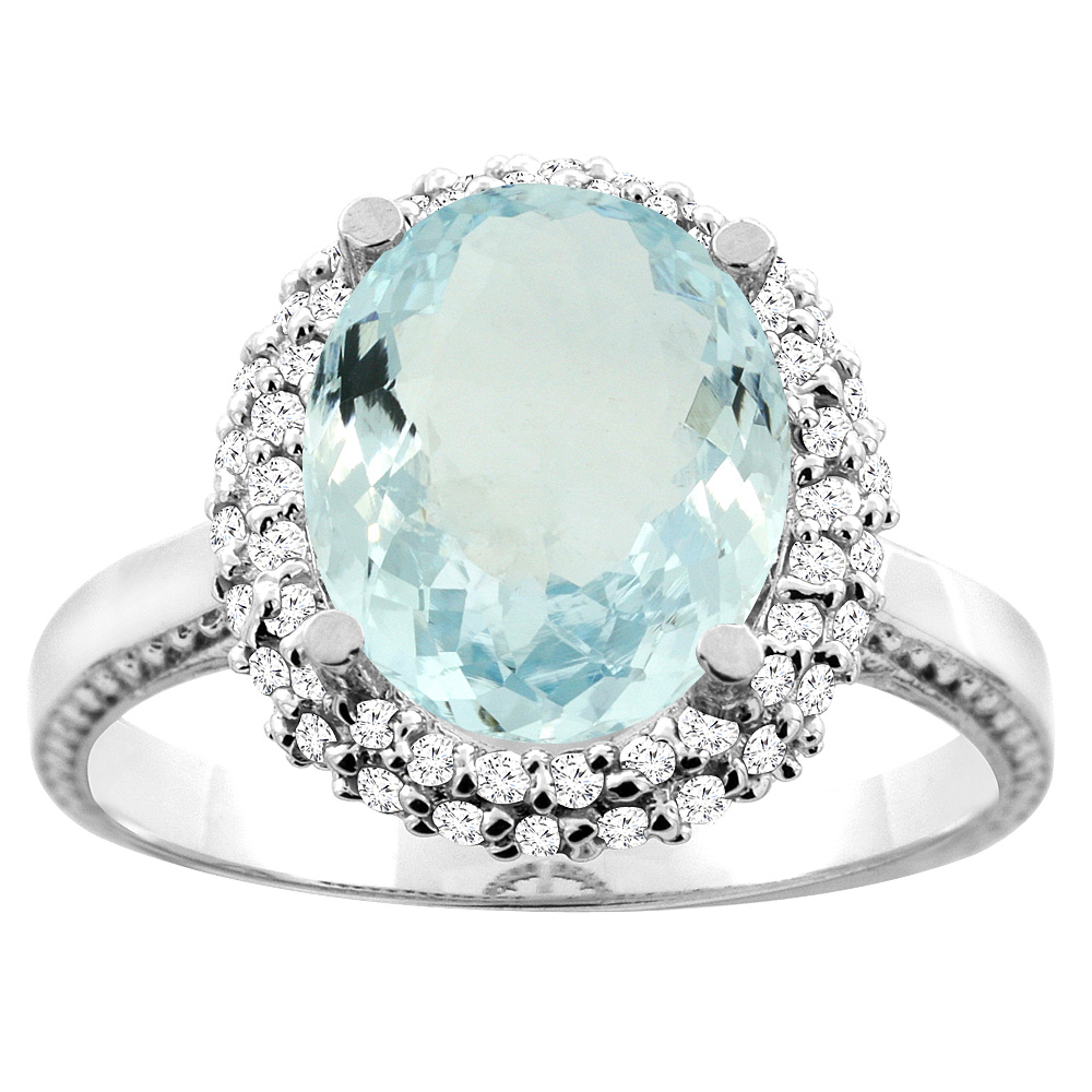 14K White/Yellow Gold Natural Aquamarine Double Halo Ring Oval 10x8mm Diamond Accent, sizes 5 - 10
