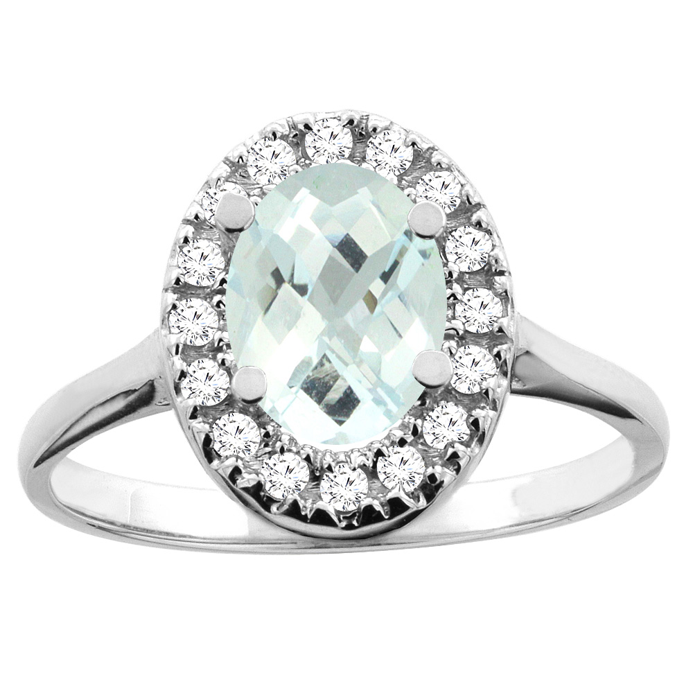 10K White/Yellow Gold Natural Aquamarine Ring Oval 8x6mm Diamond Accent, sizes 5 - 10
