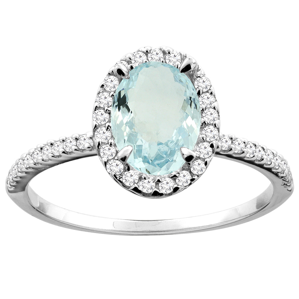 14K White/Yellow Gold Natural Aquamarine Ring Oval 8x6mm Diamond Accent, sizes 5 - 10