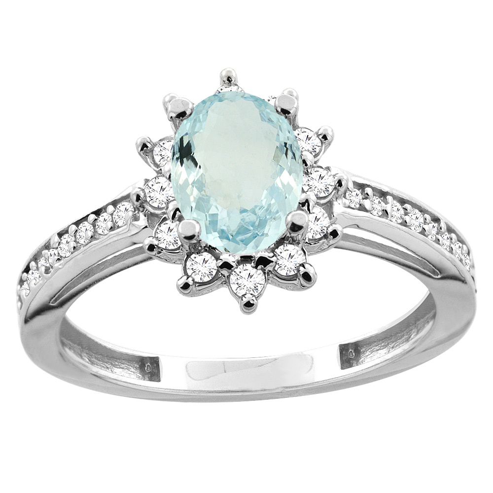 14K White/Yellow Gold Diamond Natural Aquamarine Floral Halo Engagement Ring Oval 7x5mm, sizes 5 - 10