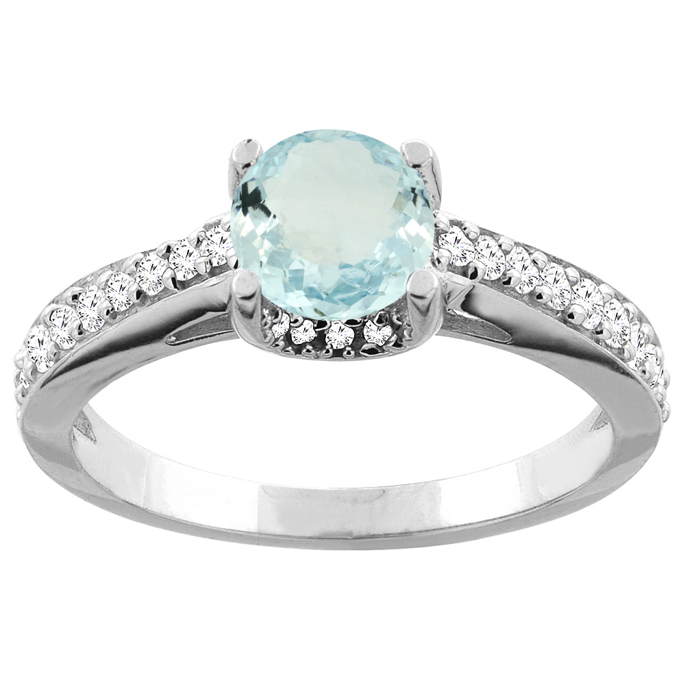 10K White/Yellow Gold Natural Aquamarine Ring Round 6mm Diamond Accents 1/4 inch wide, sizes 5 - 10