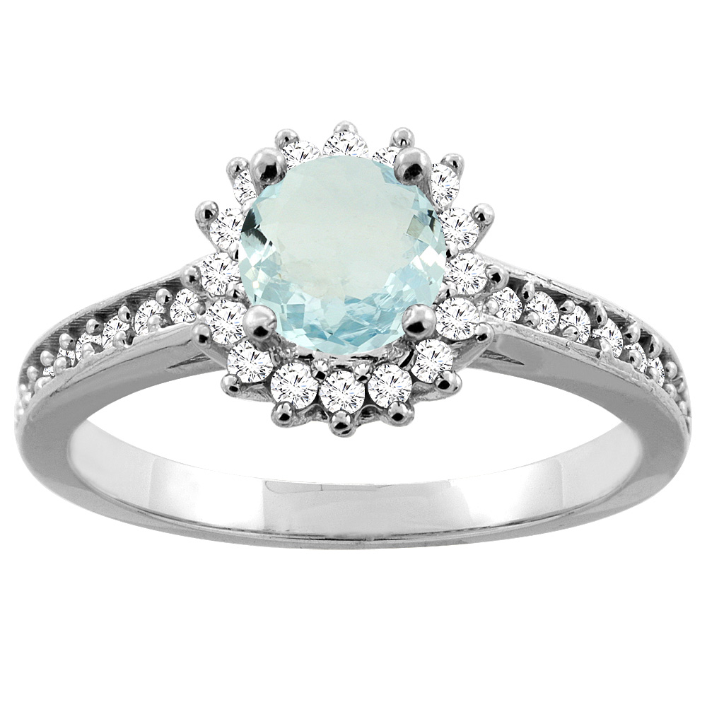 14K Gold Natural Aquamarine Floral Halo Diamond Engagement Ring Round 6mm, sizes 5 - 10