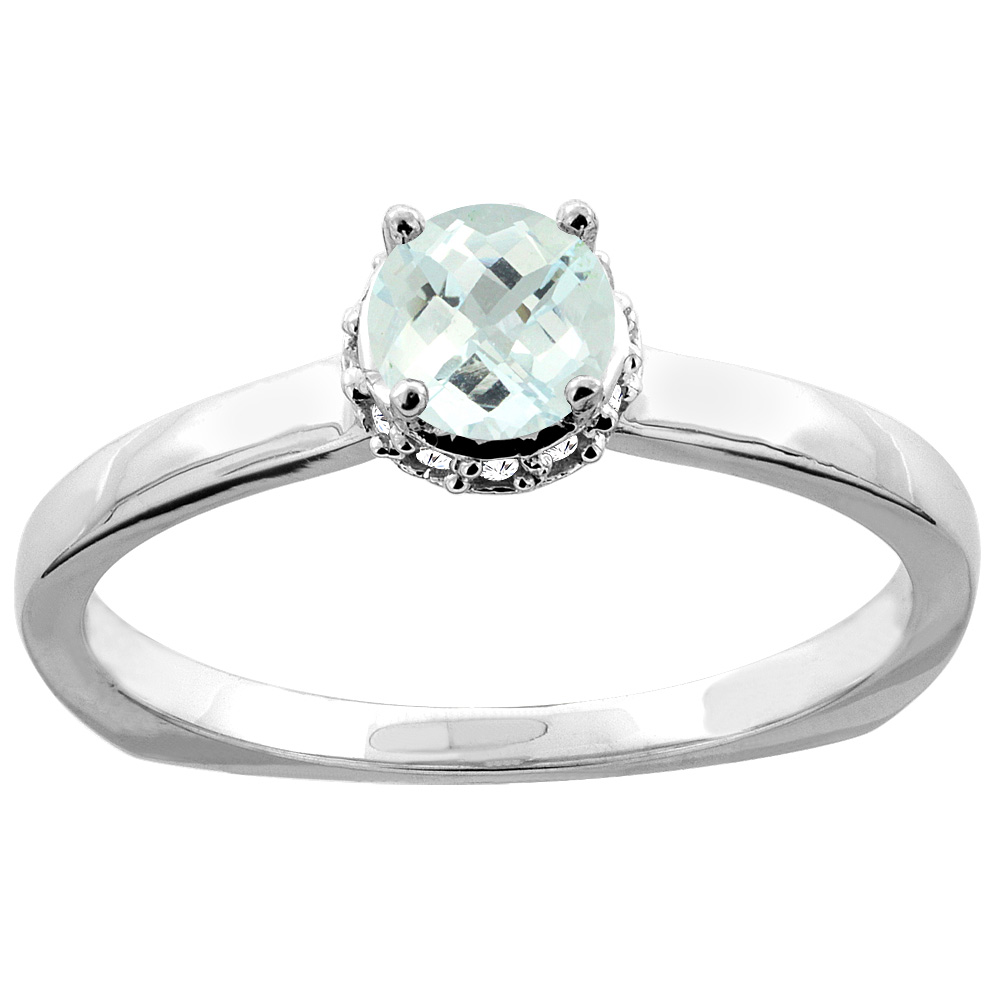 14K Gold Natural Aquamarine Solitaire Engagement Ring Round 4mm Diamond Accents, sizes 5 - 10