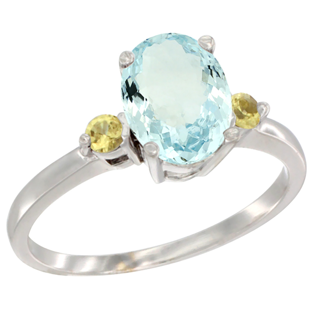 14K White Gold Natural Aquamarine Ring Oval 9x7 mm Yellow Sapphire Accent, sizes 5 to 10