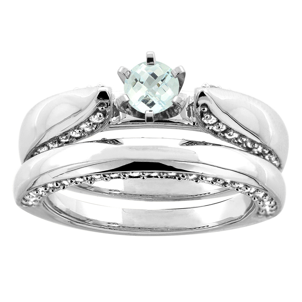 14K White Gold Natural Aquamarine 2-piece Bridal Ring Set Diamond Accents Round 5mm, sizes 5 - 10
