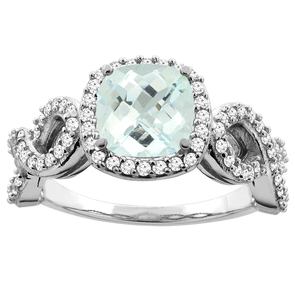 10k White Gold Natural 7mm Cushion Cut Aquamarine Engagement Ring for Women Eternity Pattern Diamond Accent sizes 5-10