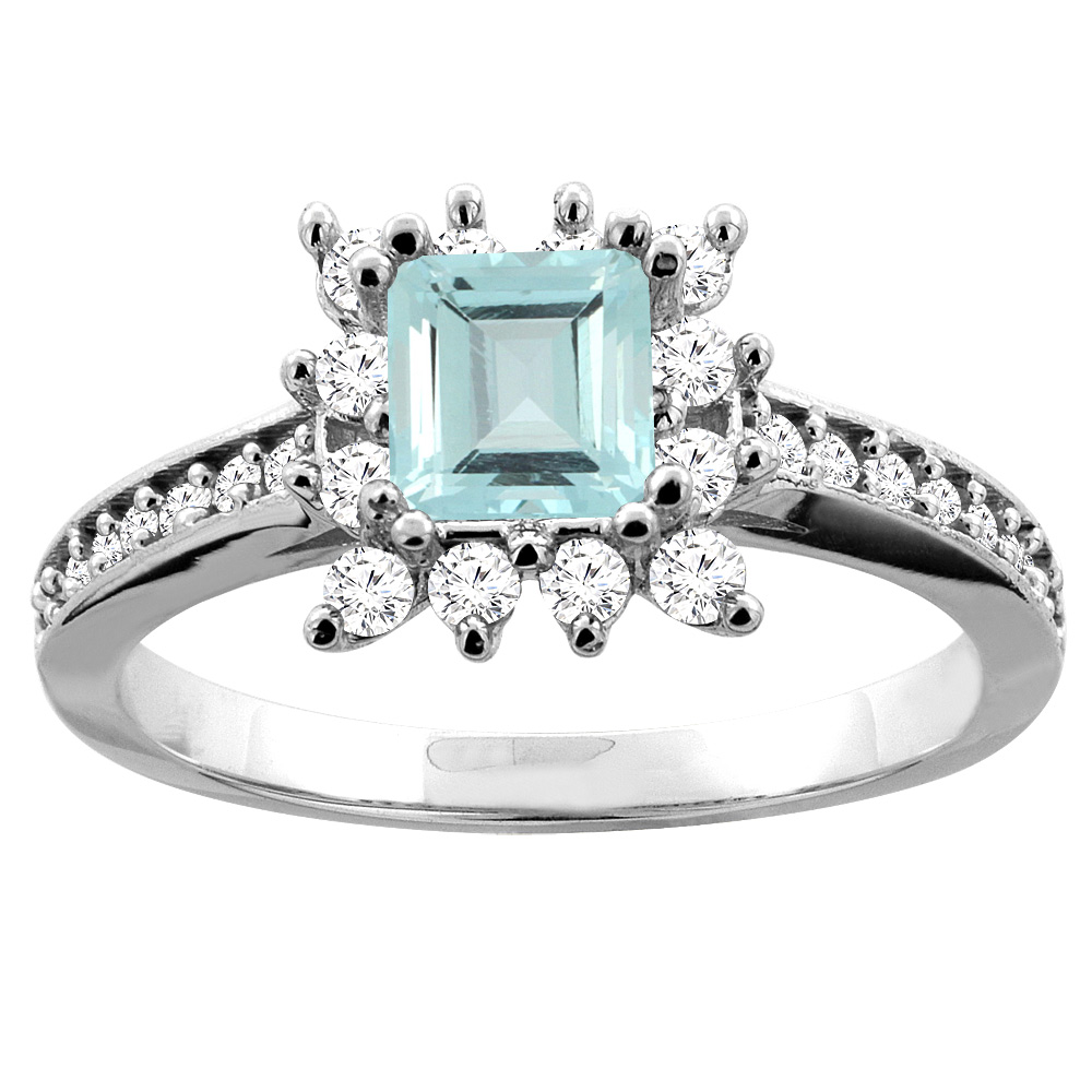 10K White Gold Natural Aquamarine Engagement Ring Diamond Accents Square 5mm, sizes 5 - 10