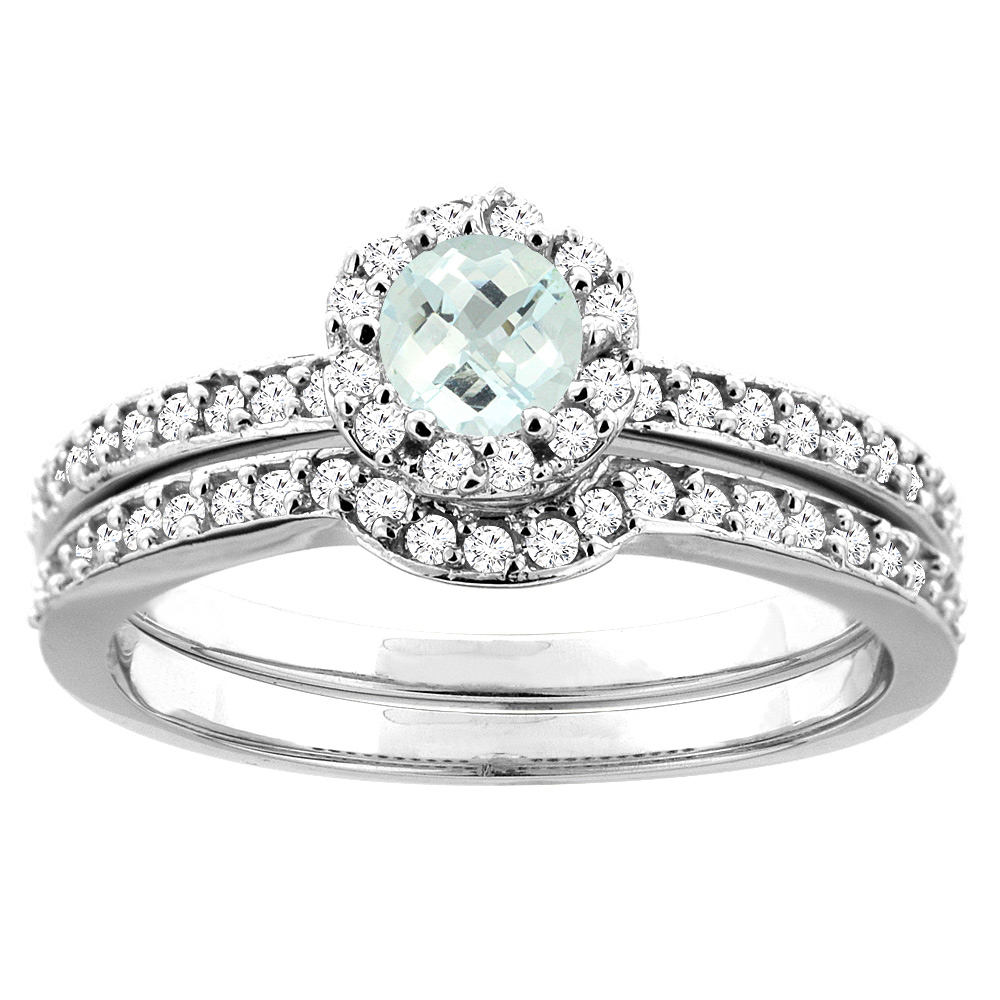 10K White Gold Natural Aquamarine 2-pc Bridal Ring Set Diamond Accent Round 4mm, sizes 5 - 10