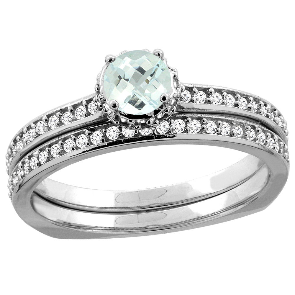 14K White Gold Diamond Natural Aquamarine 2-pc Bridal Ring Set Round 4mm, sizes 5 - 10