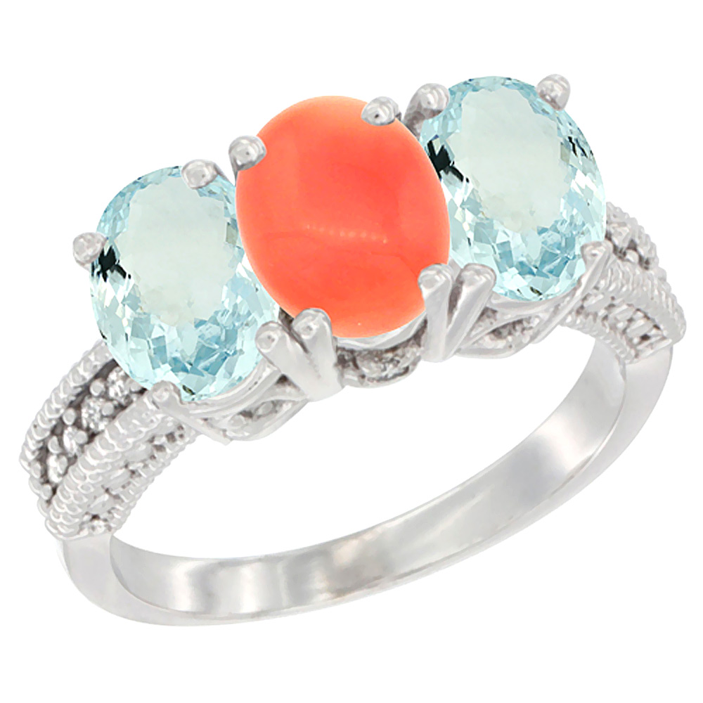 14K White Gold Natural Coral &amp; Aquamarine Sides Ring 3-Stone Oval 7x5 mm Diamond Accent, sizes 5 - 10