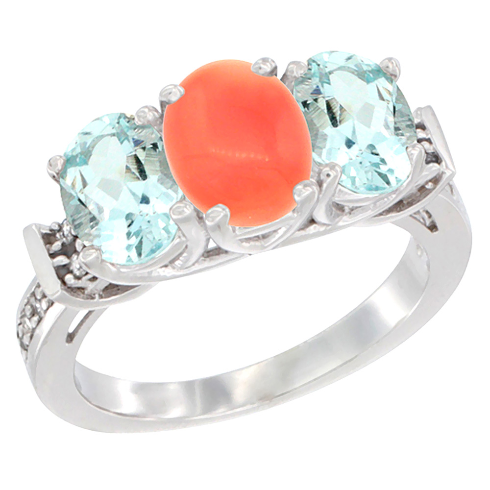 14K White Gold Natural Coral &amp; Aquamarine Sides Ring 3-Stone Oval Diamond Accent, sizes 5 - 10