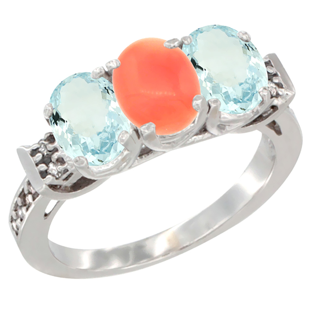 14K White Gold Natural Coral &amp; Aquamarine Sides Ring 3-Stone Oval 7x5 mm Diamond Accent, sizes 5 - 10
