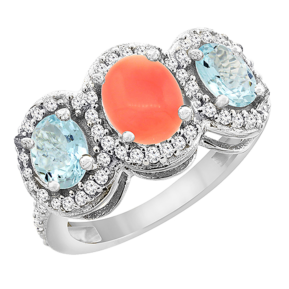 10K White Gold Natural Coral &amp; Aquamarine 3-Stone Ring Oval Diamond Accent, sizes 5 - 10